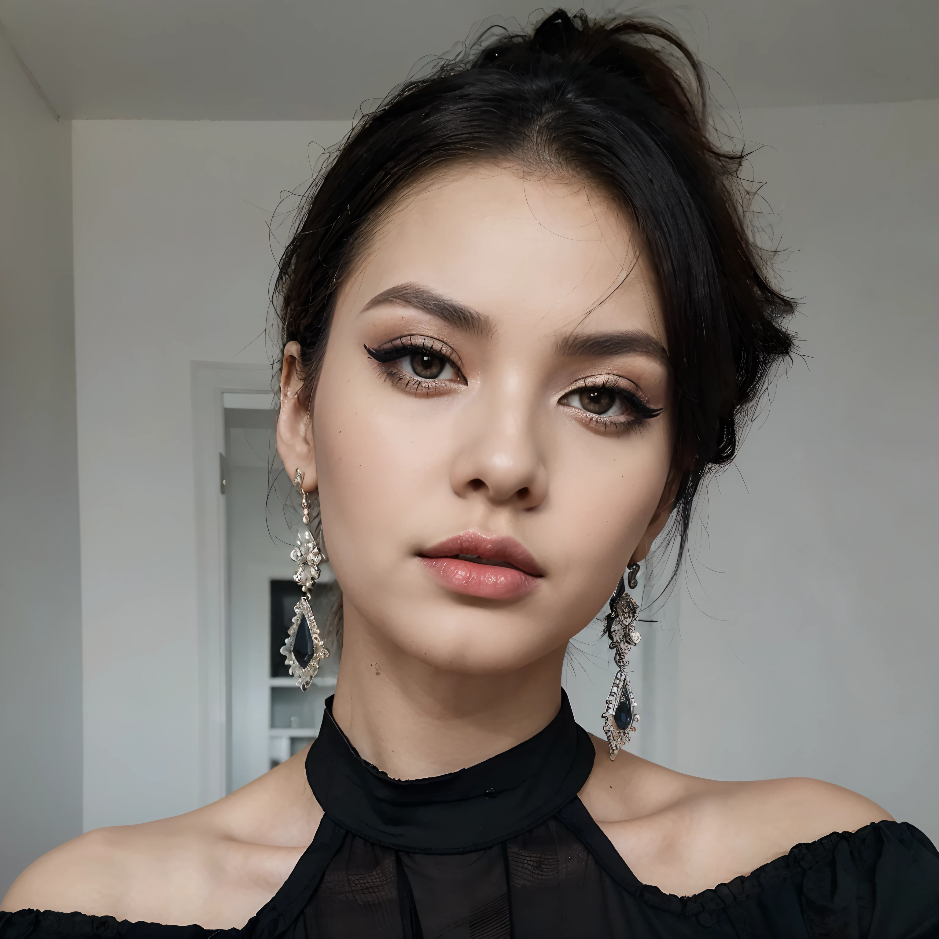 ((Best quality, 8k, Masterpiece: 1.3)), beautiful indonesian girl, heavy makeup, red lipstick, eyeliner, eyeshadow, emo girl, goth girl, professional model, sexy, luxury, soft skin, emo makeup, goth makeup, arms down, hands down, hide arms, hide hands, hide fingers, hyper realistic, ultra detailed, sharp, realism, cinematic, dramatic, masterpiece, award winning photography,