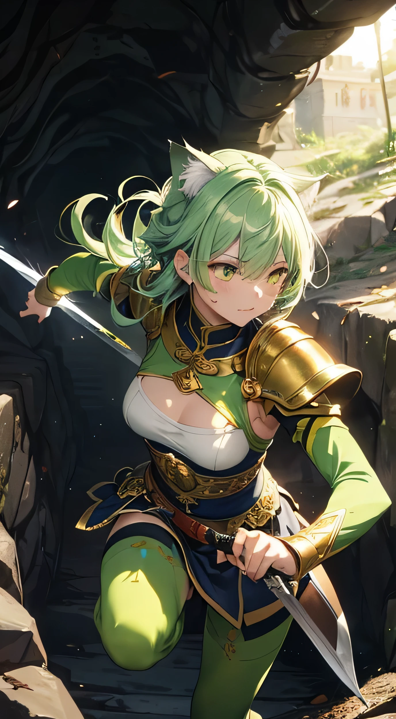 A green-haired girl wears viking helmet wields the Heavy Thrusting Swords from within the Elden Ring in a reverse grip.