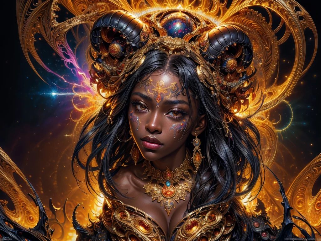 (masterpiece, top quality, best quality, official art, beautiful and aesthetic:1.2), (1girl:1.3), extreme detailed,(fractal art:1.3),colorful, highest detailed, large breast (very dark skin), (golden lips, black eyes), (light painting :1.3), (auto-destructive art :1.3)