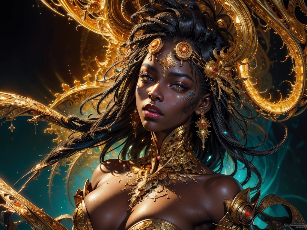 (masterpiece, top quality, best quality, official art, beautiful and aesthetic:1.2), (1girl:1.3), extreme detailed,(fractal art:1.3),colorful, highest detailed, (very dark skin), (golden lips, black eyes), (light painting :1.3), (auto-destructive art :1.3)