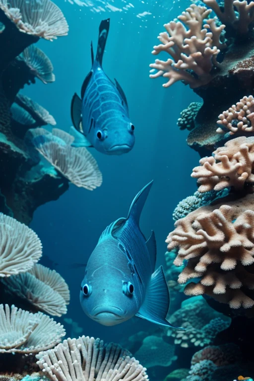 close-up of several blue fish swimming around a coral underwater