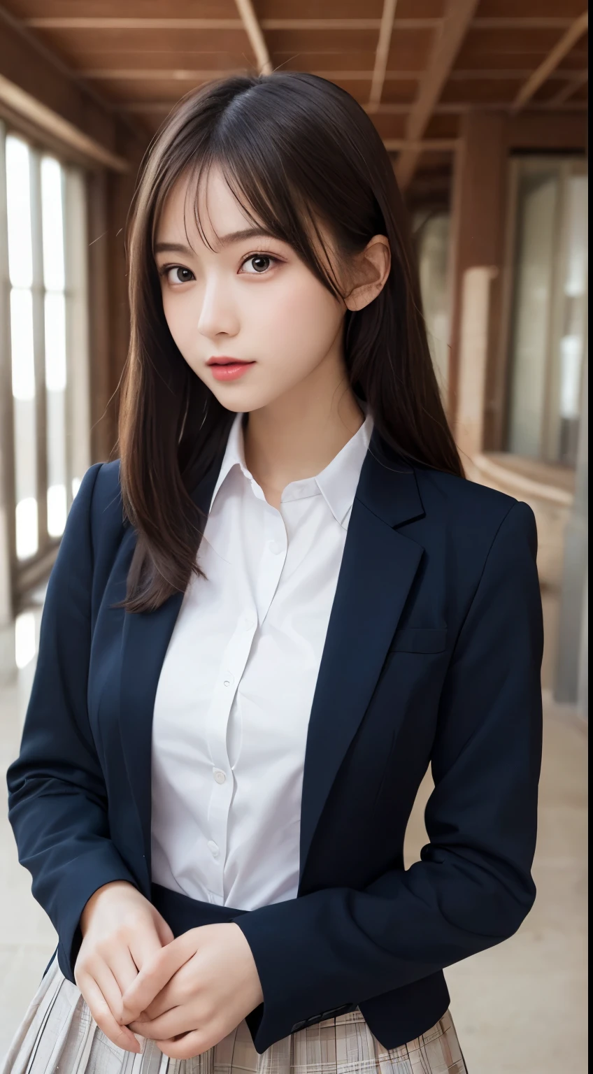 masutepiece, Best Quality, Illustration, Ultra-detailed, finely detail, hight resolution, 8K Wallpaper, Perfect dynamic composition, Beautiful detailed eyes, Natural Lip,Blazer ,School uniform, Big breasts, Full body