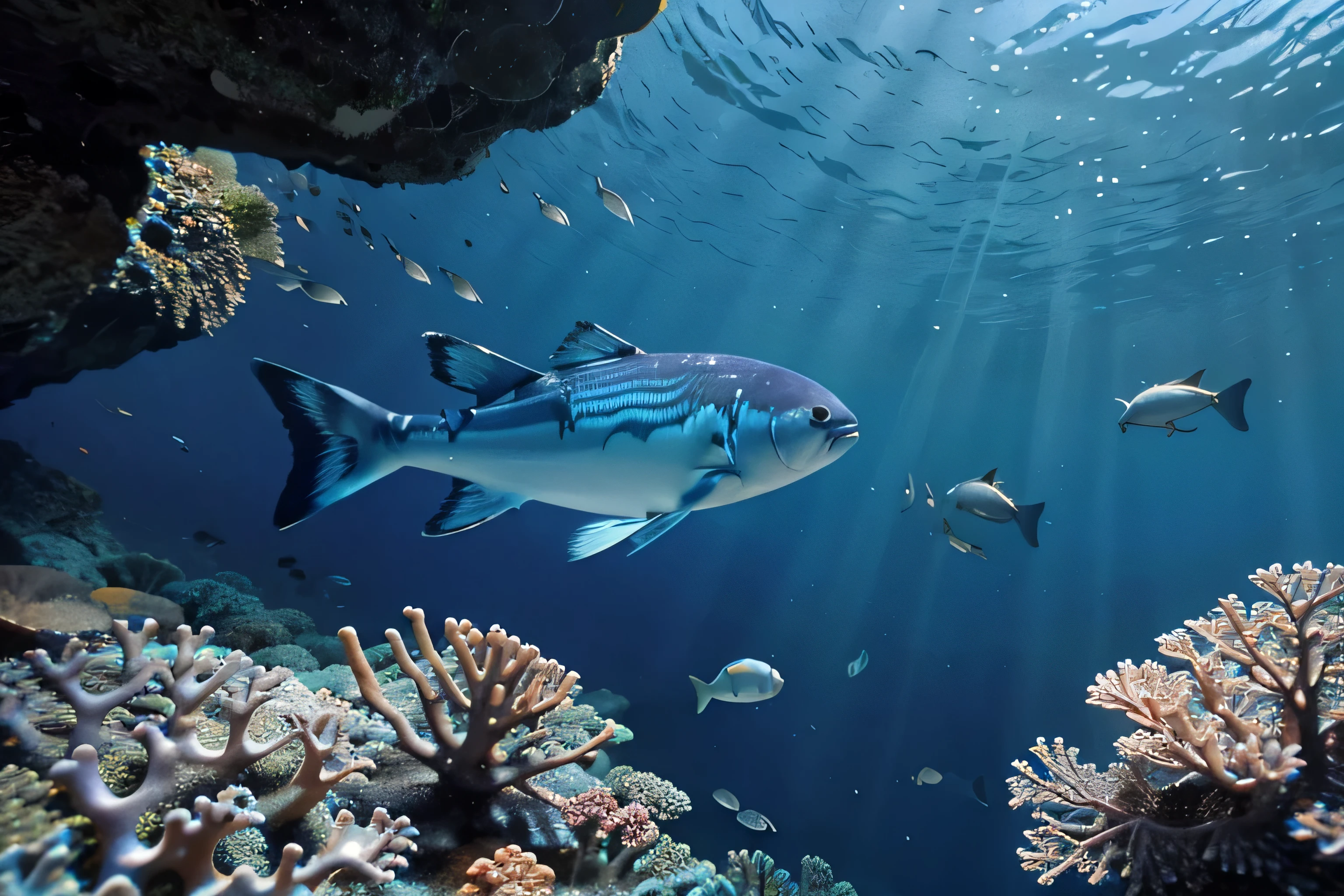 close-up of several blue fish swimming around a coral under water'water