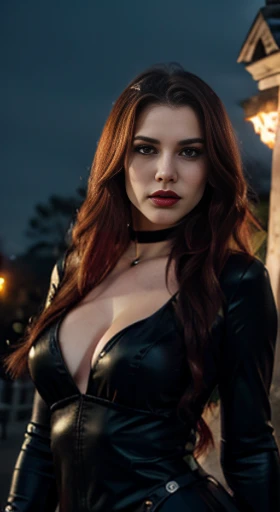 (best quality,ultra-detailed,photorealistic),young woman vampire queen,beautiful bright red eyes, detailed lips, green lipstick, vampire like makeup, pensive expression, soft lighting,vibrant colors, long flowing Reddish hair, stylish sexy outfit, cemetery background, dark night,serene atmosphere, hourglass figure, 4k details, erotic face, full body pose, shown vampire teeth