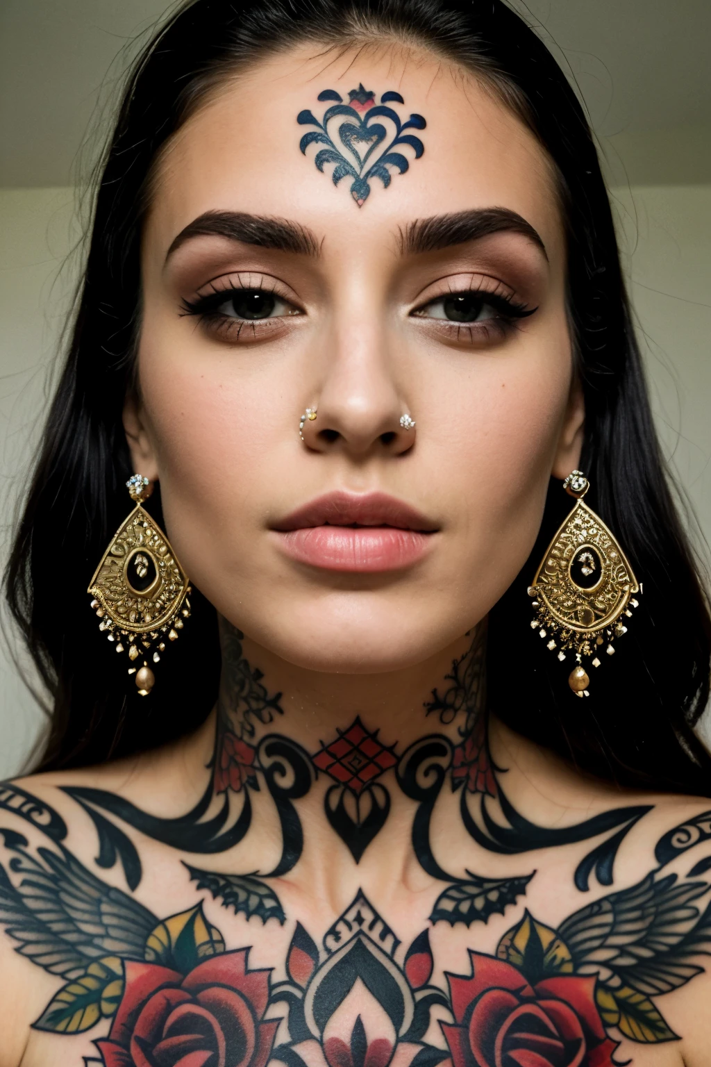 Full face of tribal style ultra-detailed Scandinavian girl tattooed with Maori pattern, Hyper colors granulated with vivid surrealist prism vision, 16 K, UE5 ., Indigenous, symbolic, Highly detailed、large boob、Big belly、big butts、Facing the front、is looking at the camera、realisitic、Brightly colored wings grow、Viking Shaman、Tattoos like eyes on the forehead、Numerous tattoos on the face,、numerous tattoos on the body,,、