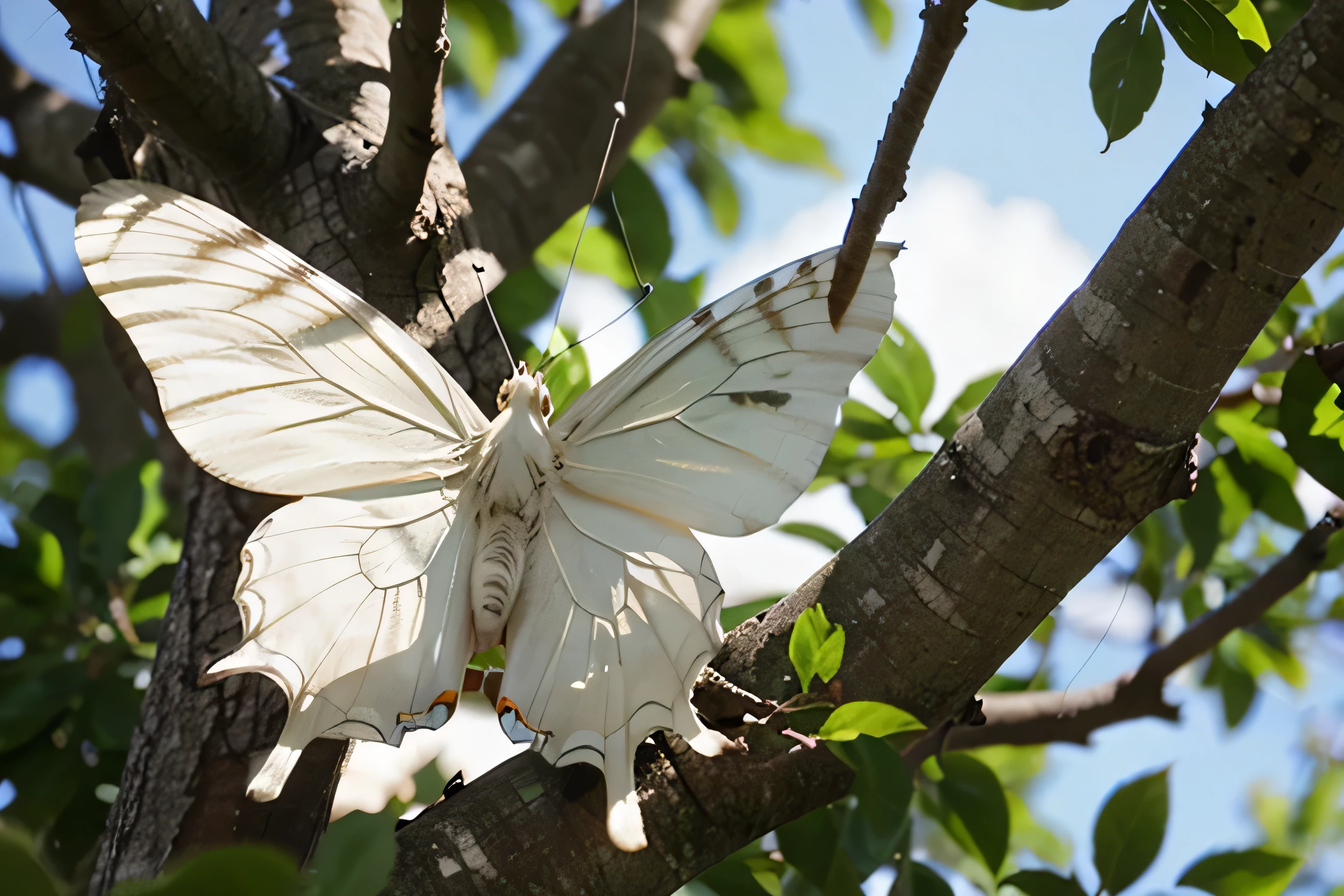 close-up of a white butterfly perched on a tree