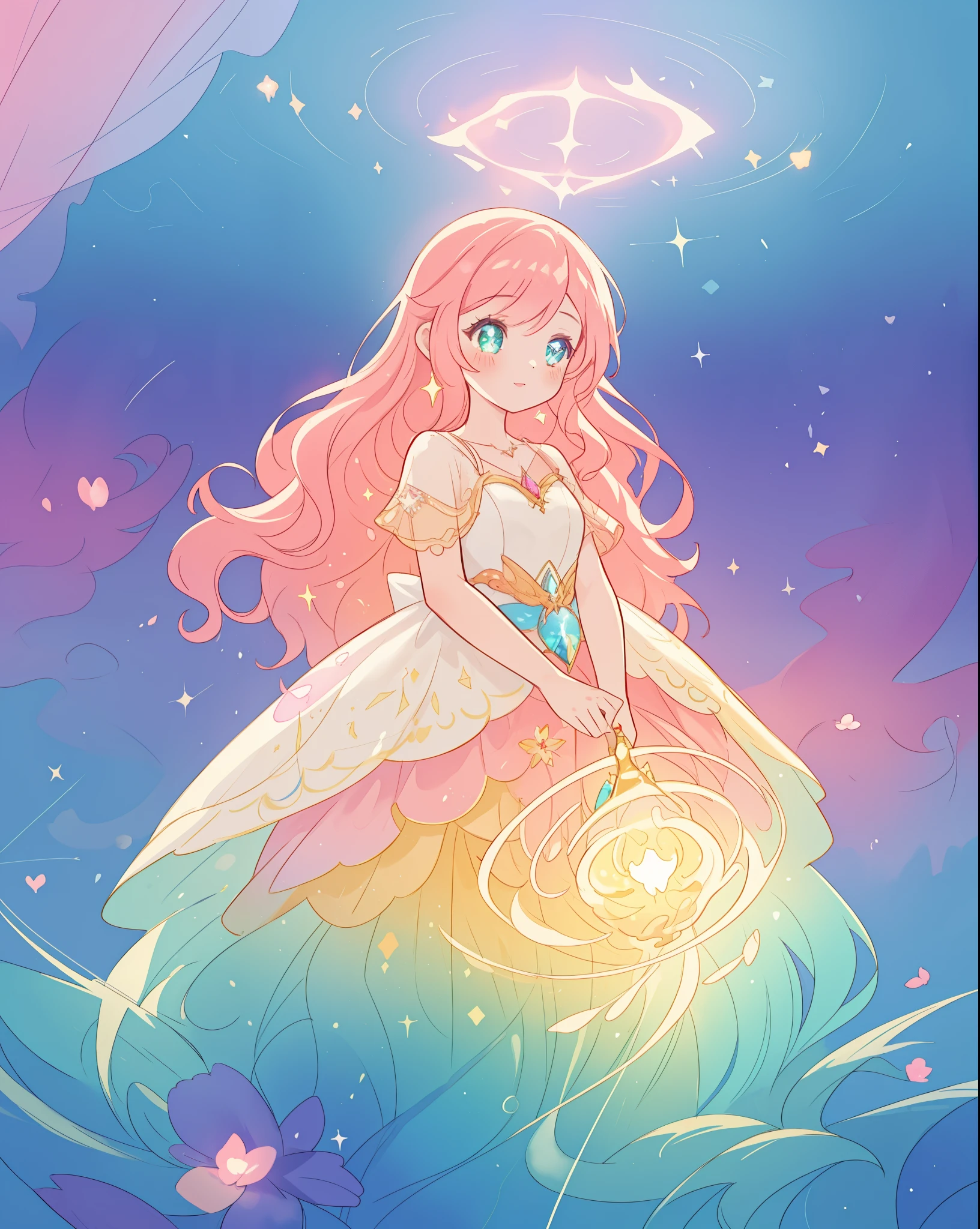 beautiful girl in sparkling gradient ballgown, long wavy peach pink hair, vibrant pastel colors, (colorful), colorful watercolor background, ethereal, magical lights, sparkling liquid light, inspired by Glen Keane, inspired by Lois van Baarle, disney art style, by Lois van Baarle, glowing aura around her, by Glen Keane, jen bartel, glowing lights! digital painting, flowing glowing hair, glowing flowing hair, beautiful digital illustration, fantasia background, whimsical, magical, fantasy, beautiful face, ((masterpiece, best quality)), intricate details, highly detailed, sharp focus, 8k resolution, sparkling detailed eyes, liquid watercolor