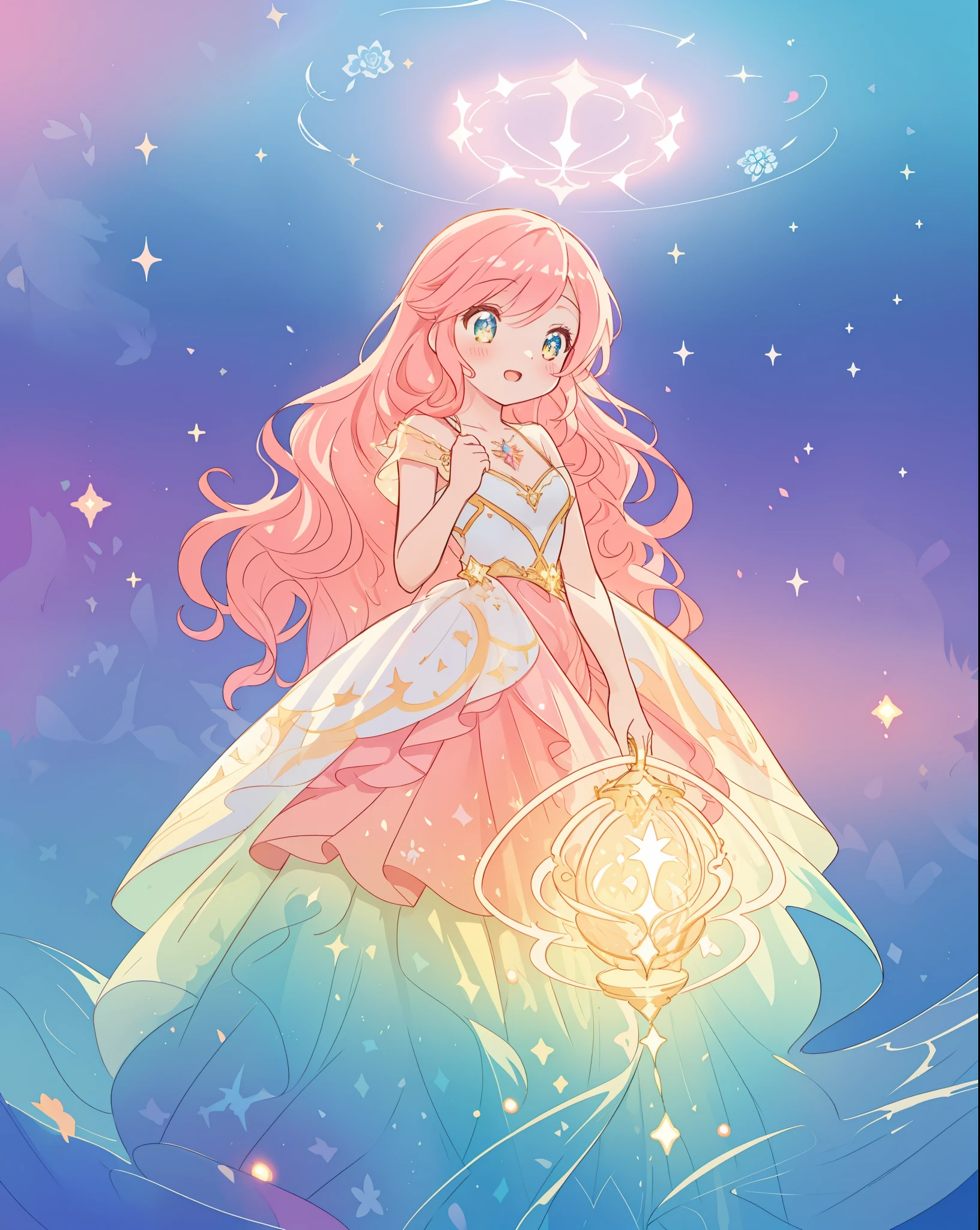 beautiful girl in sparkling gradient ballgown, long wavy peach pink hair, vibrant pastel colors, (colorful), colorful watercolor background, ethereal, magical lights, sparkling liquid light, inspired by Glen Keane, inspired by Lois van Baarle, disney art style, by Lois van Baarle, glowing aura around her, by Glen Keane, jen bartel, glowing lights! digital painting, flowing glowing hair, glowing flowing hair, beautiful digital illustration, fantasia background, whimsical, magical, fantasy, beautiful face, ((masterpiece, best quality)), intricate details, highly detailed, sharp focus, 8k resolution, sparkling detailed eyes, liquid watercolor
