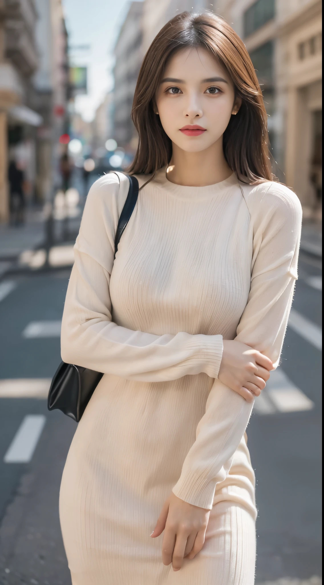 Obra maestra, La mejor calidad, ultra-high resolution, Foto de alto detalle, Unidad 8K Fondo de pantalla, CG extremadamente detallado:1.2),(Foto RAW:1.realistic photography:1.4), 1girll , joven, physically based representation, beautiful, (Cara finamente detallada:1.4, Ropa detallada), (Detallado:1.4) Cara hermosa, Profundidad de campo, Agregar capa, hiperrealista, 27 years old, Modelo de cuerpo perfecto, senos perfectos, 175cm de altura, pose sexy, cuerpo completo, Tipo de cuerpo del modelo, Long-Sleeve Ribbed Knit Midi Sheath Dress, Cabello largo, (Eimi Fukada), doble parpado, depth of field, bokeh, surprised expression