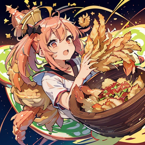 The eggplant tempura monja girl who serves large soba noodles flies.、Amazing dynamism、Amazing Angle、Shichimi Arashi with overwhelming buoyancy、((((surround in a star shape'seafood))))((((A lot of shrimp tempura strips floating and chasing each other..))))