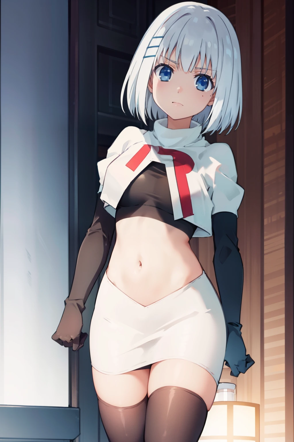 (((pixel-perfect, detail-perfect))), solo, 1girl, origami tobiichi, team rocket,team rocket uniform,white skirt,red letter R,crop top,black thigh-highs,black elbow gloves