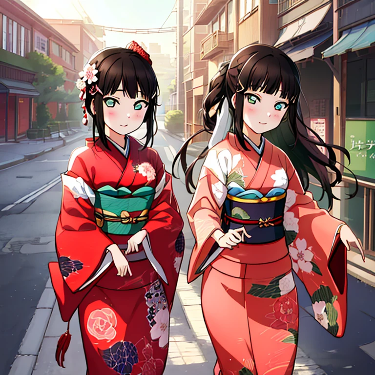 {Best Quality}, {very aesthetic}, {Ultra-detailed}, {Best Illustration}, japanese kimono, red kimono, In the street, A dark-haired