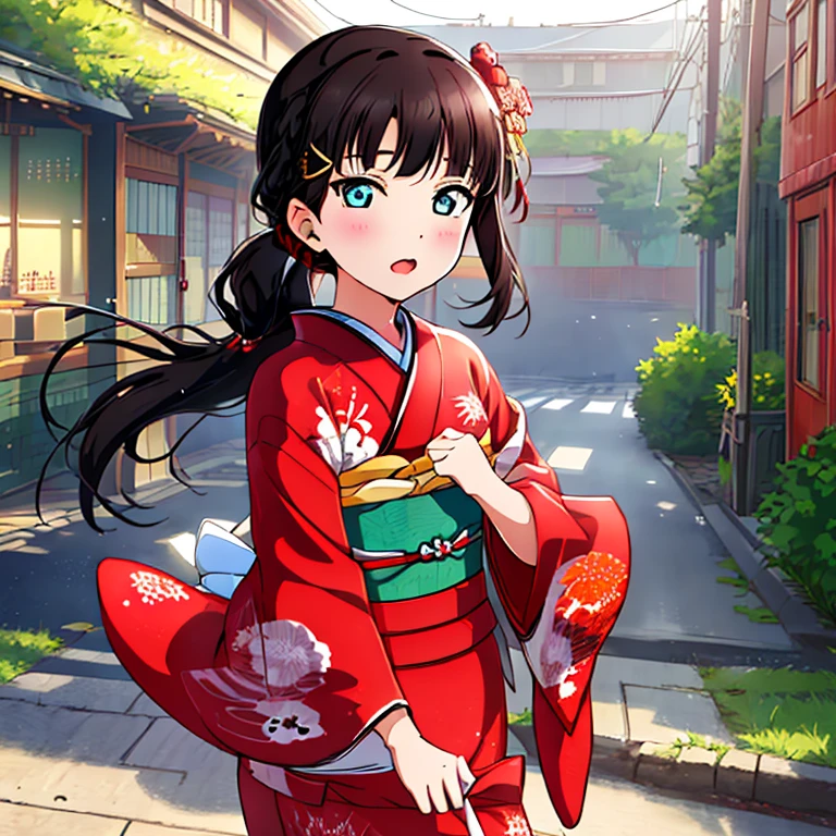 {Best Quality}, {very aesthetic}, {Ultra-detailed}, {Best Illustration}, japanese kimono, red kimono, In the street, A dark-haired