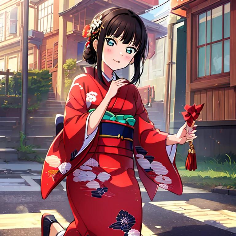 {Best Quality}, {very aesthetic}, {Ultra-detailed}, {Best Illustration}, japanese kimono, red kimono, In the street, A dark-haired