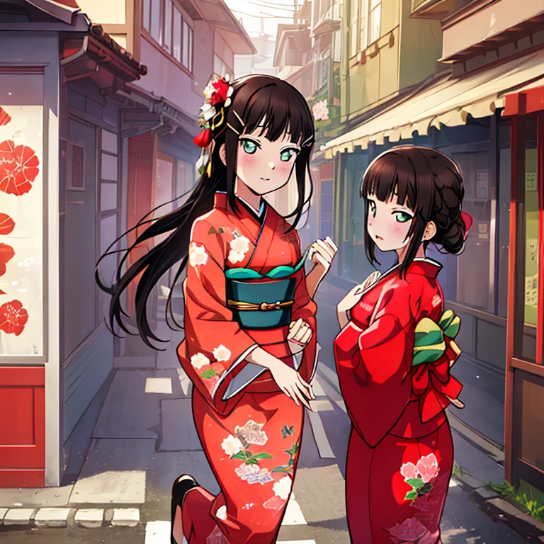 {Best Quality}, {very aesthetic}, {Ultra-detailed}, {Best Illustration}, japanese kimono, red kimono, In the street, A dark-haired