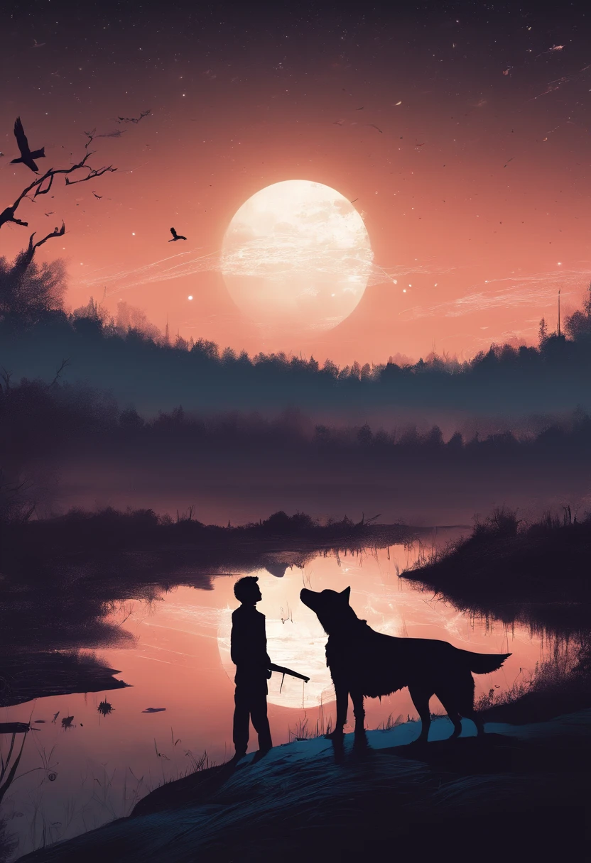 Silhouette of a man and his dog looking up at the sky together in night landscape