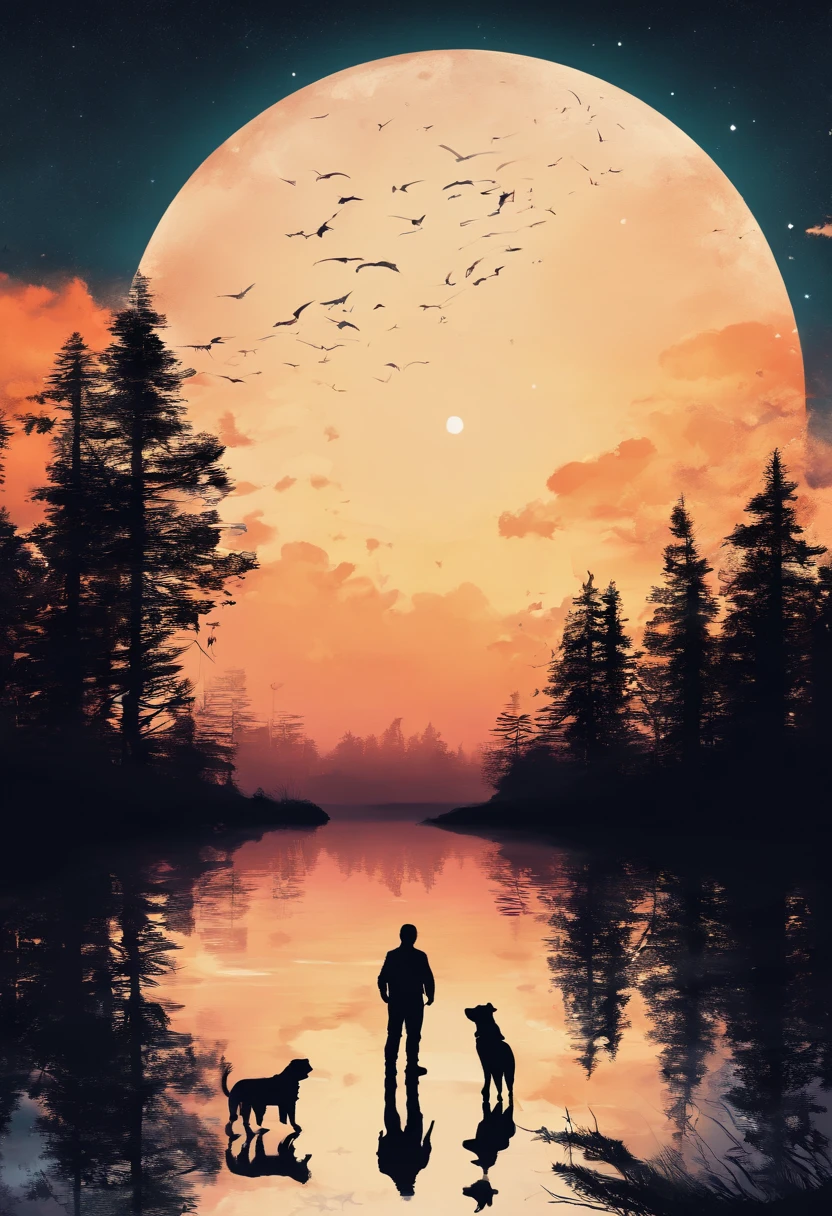 Silhouette of a man and his dog looking up at the sky together in night landscape