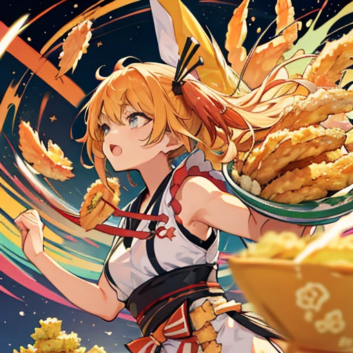 Noriten girl flies to serve Osoba.、Amazing dynamism、Amazing Angle、Yuzu Shichimi Sandstorm with overwhelming buoyancy、((((surround in a star shape&#39;seafood))))((((A lot of shrimp tempura strips floating and chasing each other..))))
