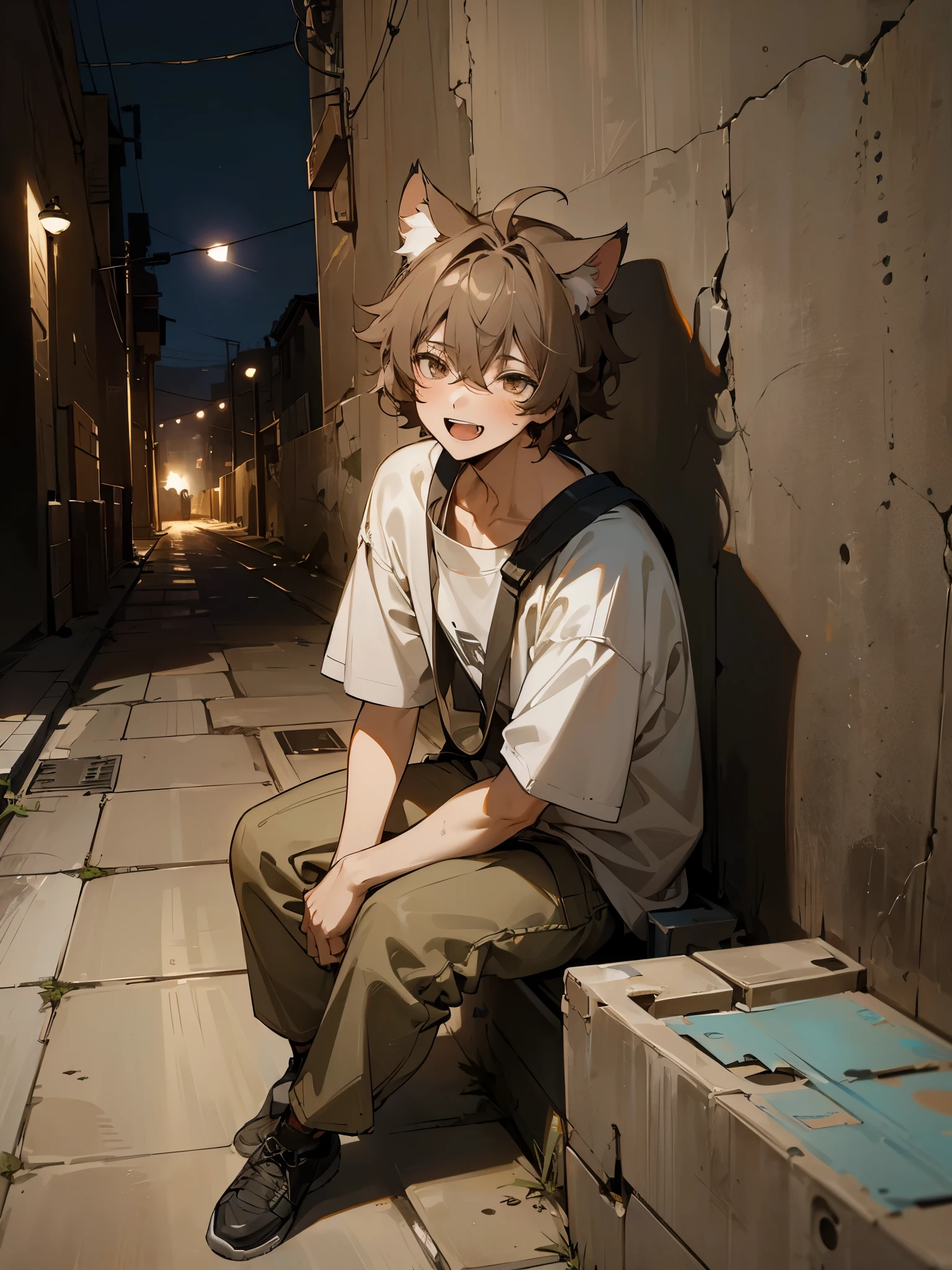 ((Masterpiece)), 8K, cinematic lighting, (very messy hair, dirty Concrete walls), (Sitting on the ground in the alley at night, open mouth, laugh face) slum townscape, Textured skin, cat ears, pale brown hair, Cute boy,boy