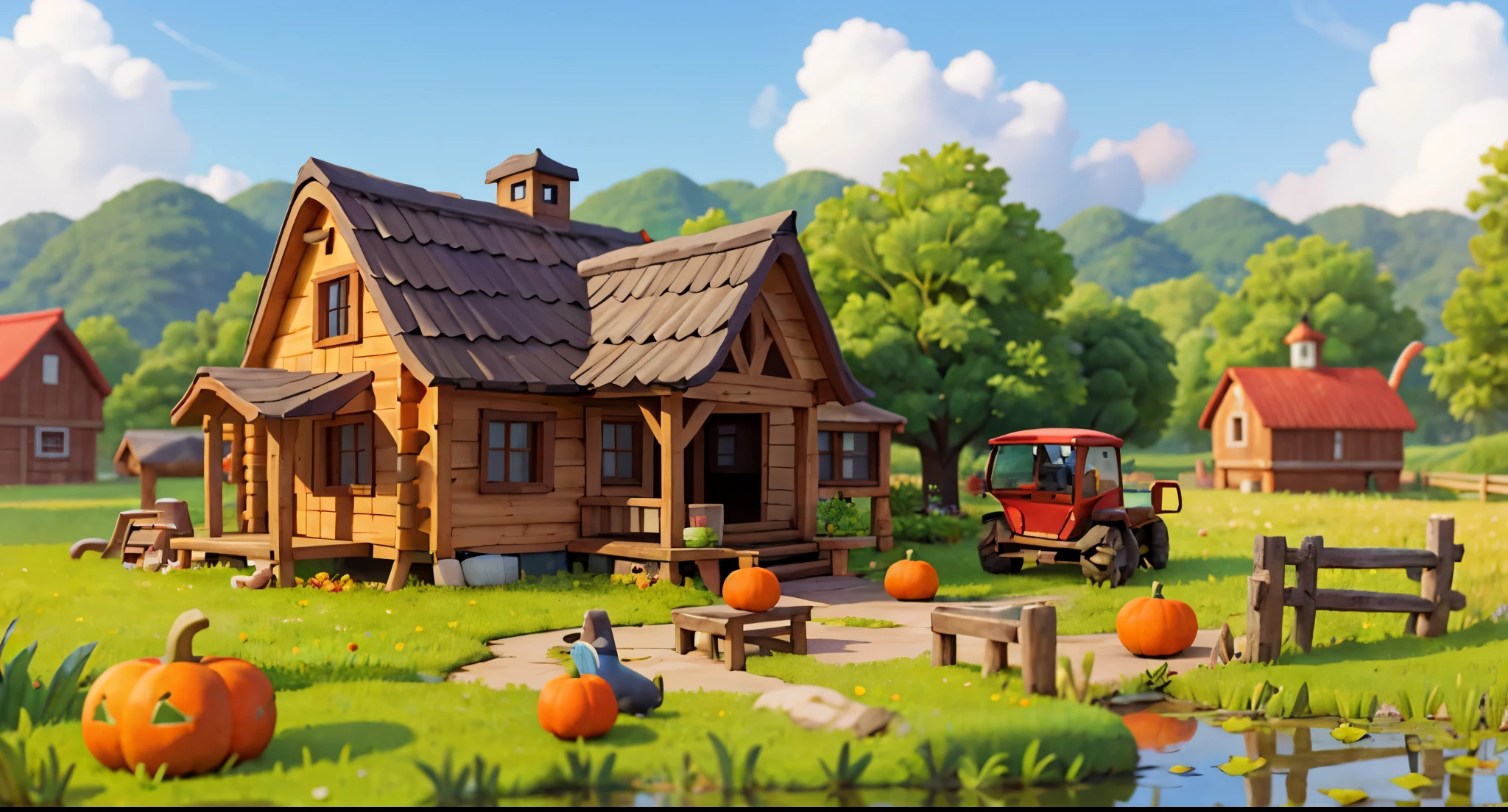 farms，小wooden cabin，straw， lawns， wheat， that tree， Small animals， Casual game风格， 3D， tmasterpiece， s upward detailing， Best quality at best，farms游戏场景，farms，wooden cabin，Fruit and vegetable stall，Small cart，tractor，pumpkins，wheat，ricefield，3 Rendering，16k，extreme detail portrayal，ultra clear details，Casual game