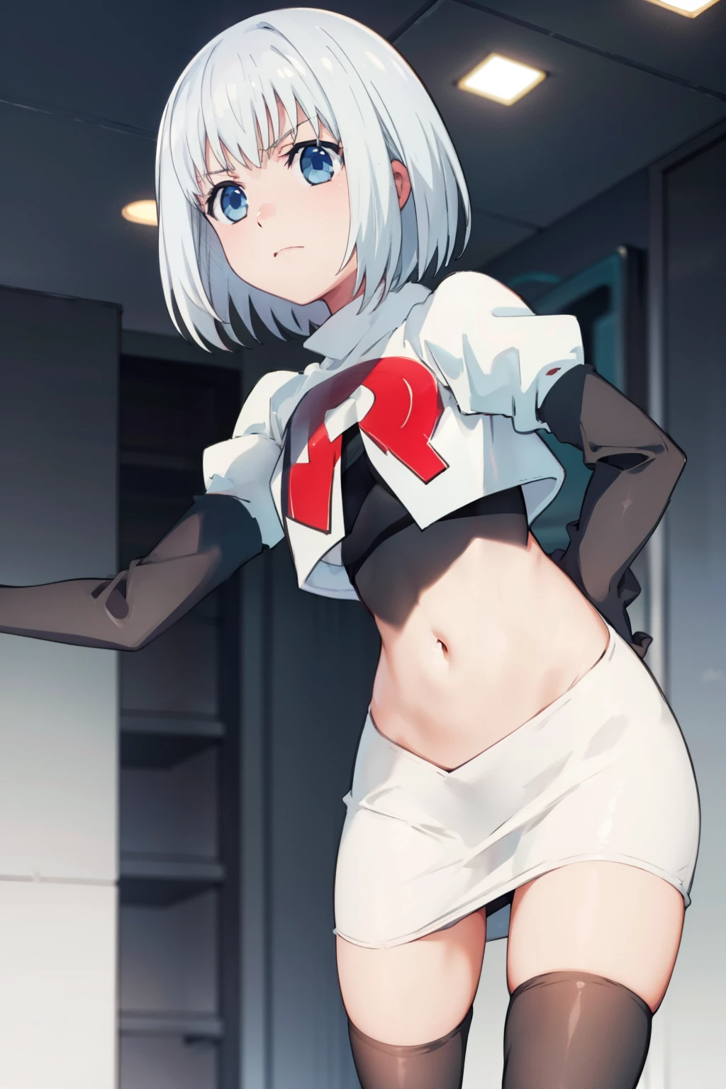 (((pixel-perfect, detail-perfect))), solo, 1girl,  origami tobiichi, team rocket,team rocket uniform,white skirt,red letter R,crop top,black thigh-highs,black elbow gloves