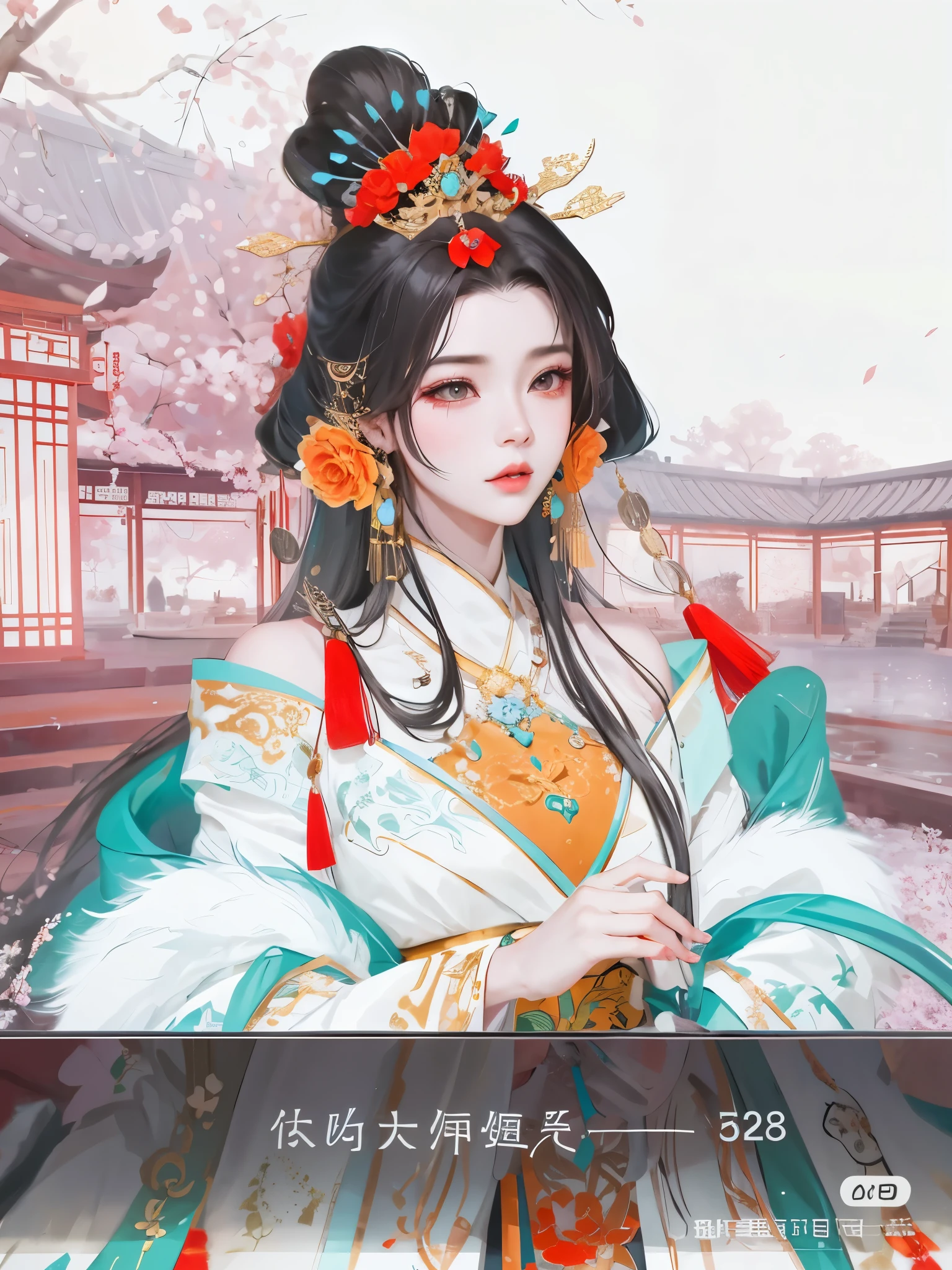 One wears a skirt、Close-up of a woman with a red flower in her hair, beautiful fantasy queen beautiful fantasy queen)), 宮 , A girl in Hanfu, chinese empress, Inspired by Qiu Ying, Inspired by Lan Ying, ancient China Princess, Inspired by Ma Yuanyu, China Princess, Inspired by Huang Ji, Inspired by Zhou Fang