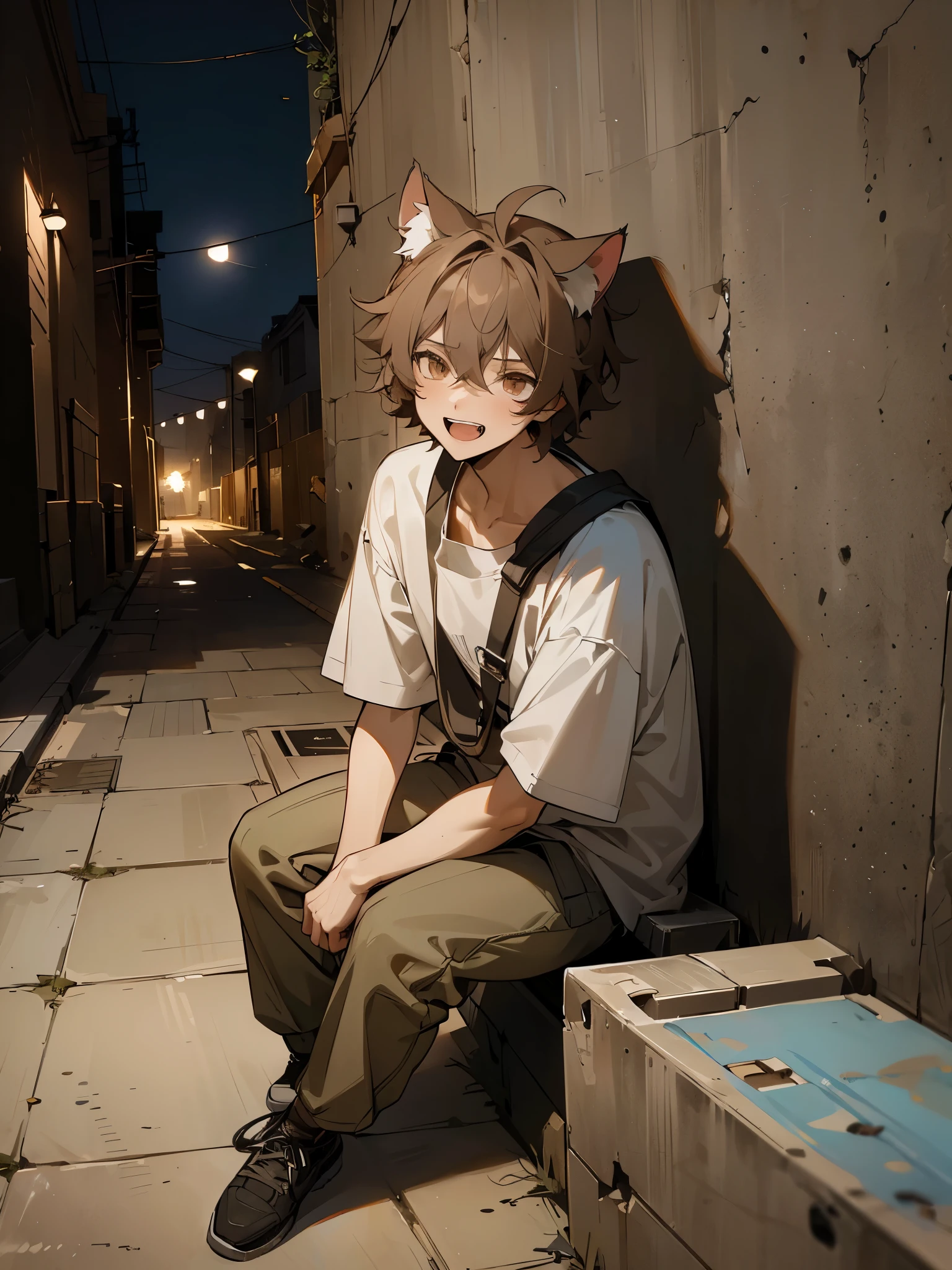 ((Masterpiece)), 8K, cinematic lighting, (very messy hair,  dirty Concrete walls), (Sitting on the ground in the alley at night,  open mouth, laugh face) slum townscape, Textured skin, cat ears, pale brown hair, Cute boy，boy