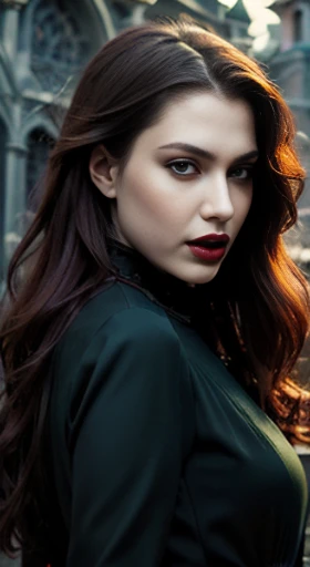 (best quality,ultra-detailed,photorealistic),young woman vampire queen,beautiful bright red eyes, detailed lips, green lipstick, vampire like makeup, pensive expression, soft lighting,vibrant colors, long flowing Reddish hair, stylish sexy outfit, cemetery background, dark night,serene atmosphere, hourglass figure, 4k details, erotic face,  full body pose,  shown vampire teeth