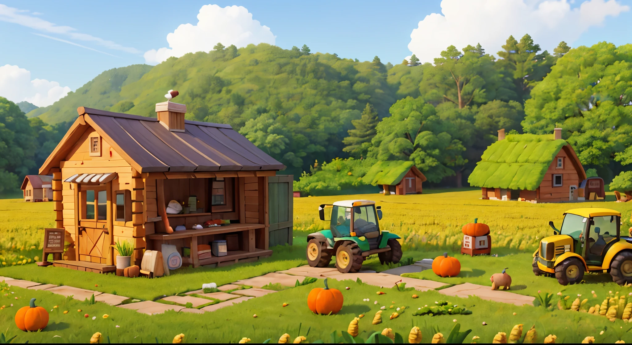 farms,小wooden cabin, grassy,verdure, wheat, that tree, Small animals, Casual game风格, 3D, tmasterpiece, s up er detailing, Best quality,farms游戏场景,farms,wooden cabin,Fruit and vegetable stall,Small cart,tractor,pumpkins,wheat,ricefield,3 Rendering,16k,extreme detail portrayal,ultra clear details,Casual game,《up》