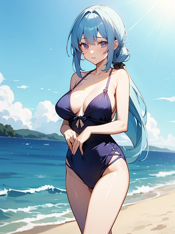 anime girl with light blue hair, Hair in a delicate blue tone, long hair, purple eyes, pony tail hair, revealing swim dress, medium breats, mature factions, very aesthetic detail anime background japanese beach midday sun