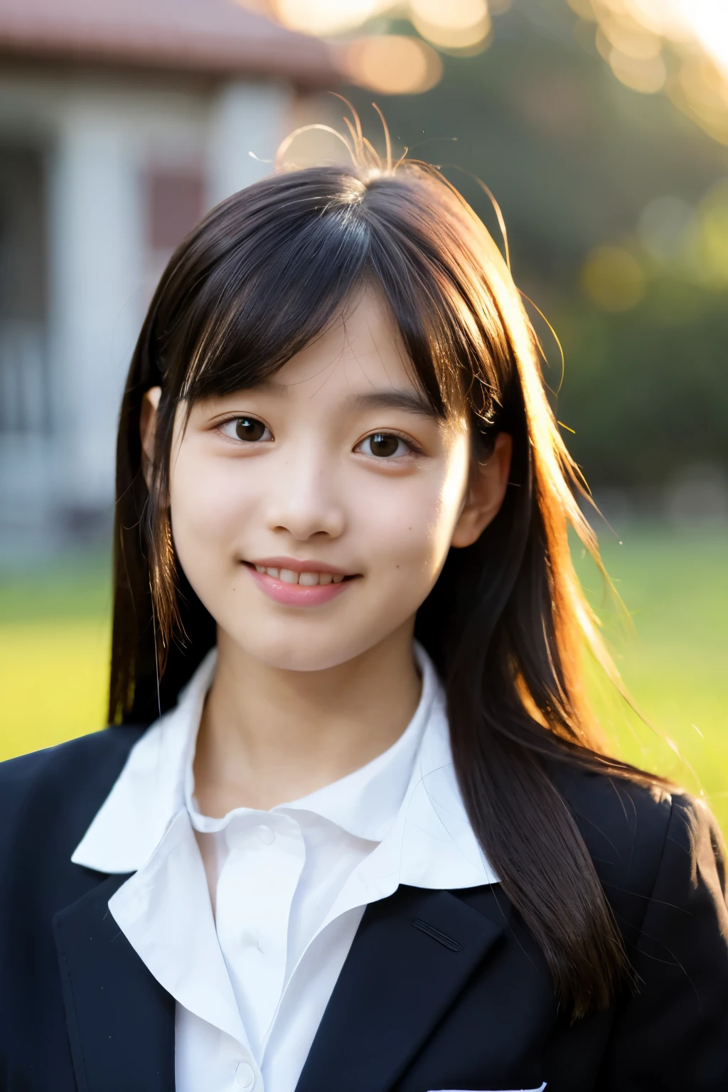 (top-quality,8K picture quality,masterpiece:1.3),(A high resolution,Photorealsitic:1.4,Raw photography),(ultra-detailliert,Caustics,Detailed background),(Ultra-realistic capture,Beautifully detailed skin,perfect anatomia),at the sunset,Sunset sky,school buildings,school ground,18year old ,Kawaii,Single eyelid,Black long hair
,School Blazer Uniform,Looking at the camera,A smile,Bust-up shot,natural soft light