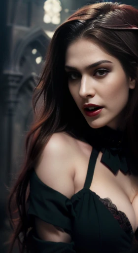 (best quality,ultra-detailed,photorealistic),young woman vampire queen,beautiful bright red eyes, detailed lips, green lipstick, vampire like makeup, pensive expression, soft lighting,vibrant colors, long flowing Reddish hair, stylish vampire outfit, cemetery background, dark night,serene atmosphere, hourglass figure, 4k details, erotic face,  full body pose,  shown vampire teeth