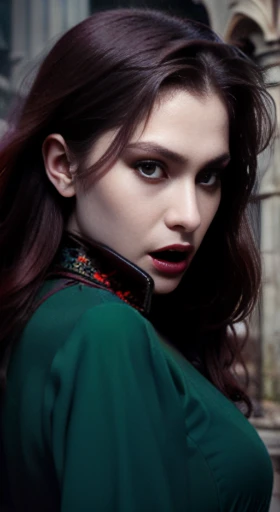 (best quality,ultra-detailed,photorealistic),young woman vampire queen,beautiful bright red eyes, detailed lips, green lipstick, vampire like makeup, pensive expression, soft lighting,vibrant colors, long flowing Reddish hair, stylish vampire outfit, cemetery background, dark night,serene atmosphere, hourglass figure, 4k details, erotic face,  full body pose,  shown vampire teeth