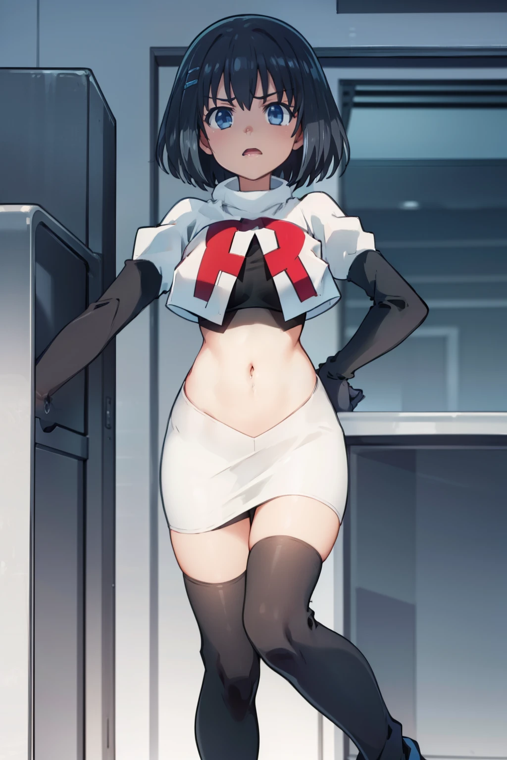 (((pixel-perfect, detail-perfect))), solo, 1girl,  origami tobiichi, team rocket,team rocket uniform,white skirt,red letter R,crop top,black thigh-highs,black elbow gloves