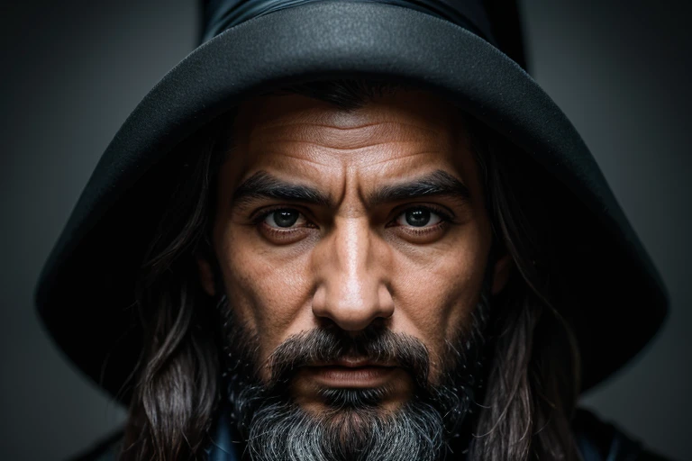 A portrait oF a wizard, Barbu, enrugado, idoso, com olhos penetrantes, Detailed Face, Detalhes altos, fotografia, studio dark, luz de aro, Nikon D850 |, 50 millimeters, F/1.4