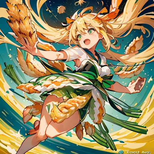 A large asparagus girl who serves large soba noodles flies.、Amazing dynamism、Amazing Angle、Yuzu sandstorm with overwhelming buoyancy、((((surround in a star shape'seafood tempura))))((((A lot of shrimp tempura strips floating and chasing each other..))))