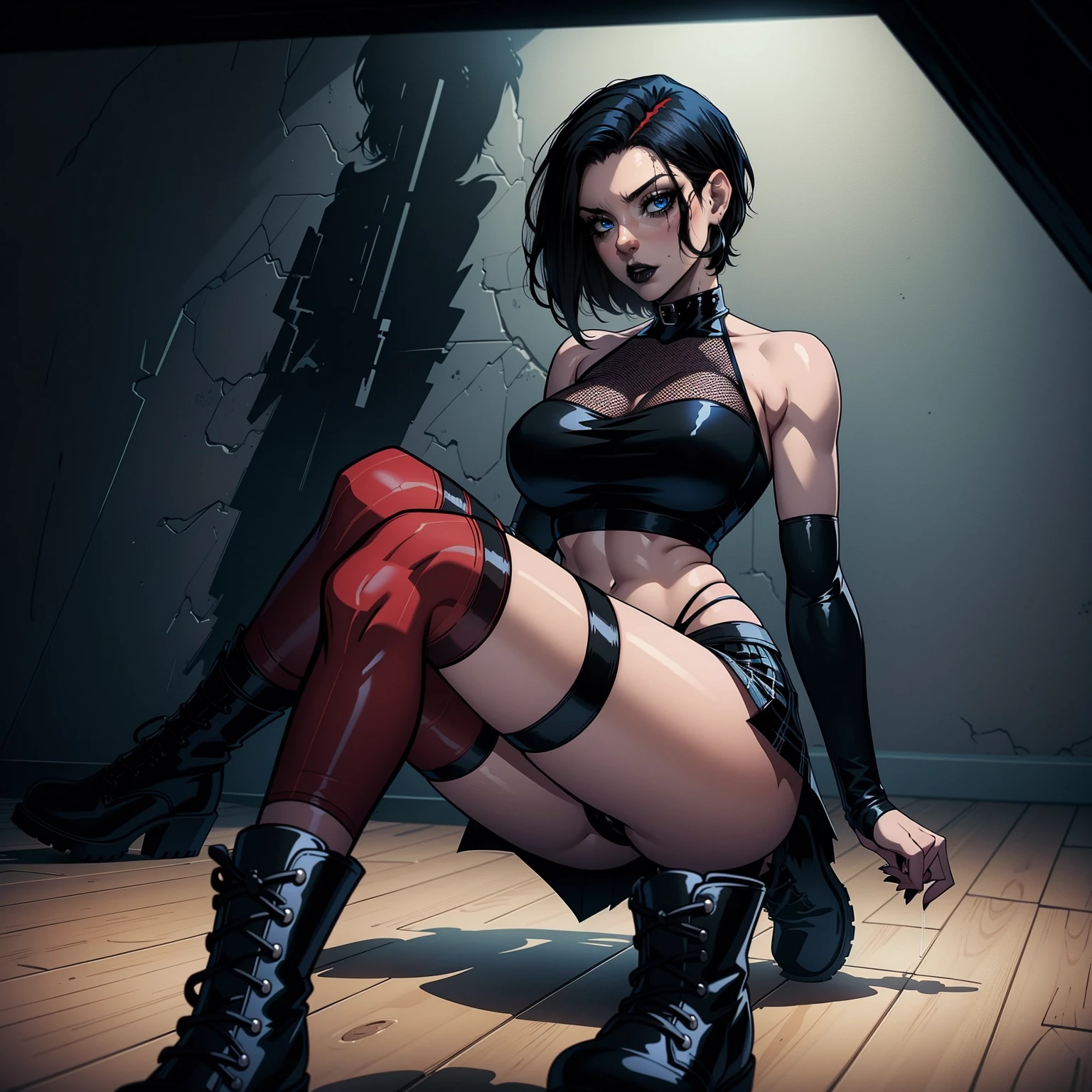 a woman with short black hair, hair on shoulders, wearing a black cropped and plaid skirt, blue eyes, zombie art, gothic art, cute aesthetic with vibe, toon aesthetic, wearing red costume, wearing gothic accessories, Cassie Hack, hack/slash comic. wearing long red socks and black boots, whole body, sitting on the floor