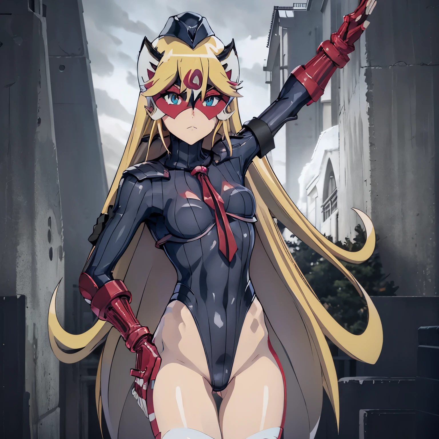 ultra-detailed, Explicit, Beautiful body, Beautiful Nose, Beautiful character design, perfect eyes, perfect face, ultra highres, 4K, beautiful legs, perfect legs, Nice hands, Perfect hand, Masterpiece, Best Quality, Highly detailed, illustration, absurdres, street fighter, doll suit, shadaloo doll, dollsuit, expressionless, blank eyes, looking at viewer, red gloves, emotionless, black latex, corrution, mind control, female combatant, full body, hypnotized, unhappy trance, full body suit, ribbed bodysuit, both arms at side, obey, perfect female body, extremely glossy latex, hypnosis, hypnoLora, empty eyes, Mind control device, poses, submissive_pose, Slave, hat, necktie, stand up straight, standing, standing at attention, hat, necktie, belt, latex, ribbed bodysuit, thighhighs, garter belt, Fighting Stance, extending the right arm from the shoulder into the air with a straightened hand, nazi saluting, military, military saluting, salute, thigh boots, solo, 1girl, blond hair, large hair, long hair, blue eyes, small breasts, mask, Leopard, Yoru no Yatterman