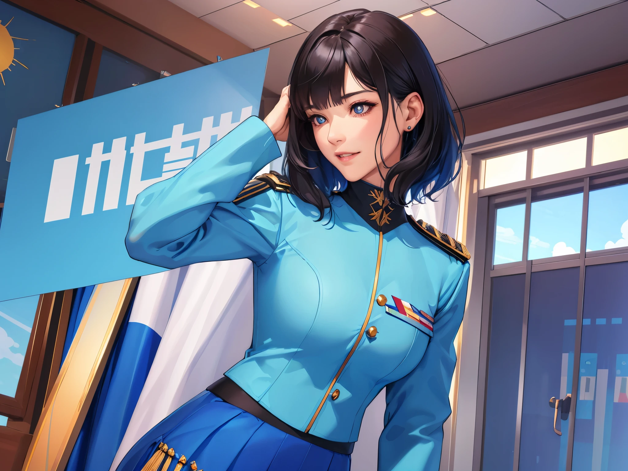 (Highest high resolution, distinct_Image of a), Best quality at best, tmasterpiece, The is very detailed, Semi-realistic, woman with black shoulder length hair, Black pupils, mature, mature woman, Imperial sister, sexy for, short detailed hair, triple bangs, Light blue uniform, Light blue uniform jacket, binh, Light blue pleated skirt, army suit, Fighter front, mirai, scientific fiction, kosmos