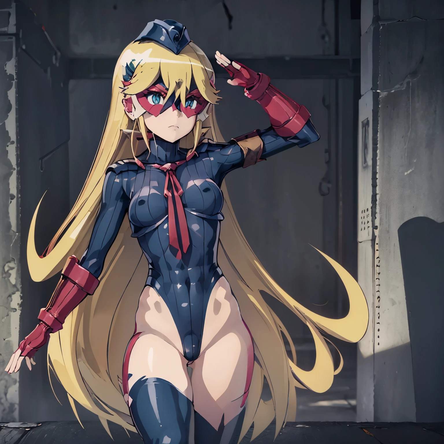 ultra-detailed, Explicit, Beautiful body, Beautiful Nose, Beautiful character design, perfect eyes, perfect face, ultra highres, 4K, beautiful legs, perfect legs, Nice hands, Perfect hand, Masterpiece, Best Quality, Highly detailed, illustration, absurdres, street fighter, doll suit, shadaloo doll, dollsuit, expressionless, blank eyes, looking at viewer, red gloves, emotionless, black latex, corrution, mind control, female combatant, full body, hypnotized, unhappy trance, full body suit, ribbed bodysuit, both arms at side, obey, perfect female body, extremely glossy latex, hypnosis, hypnoLora, empty eyes, Mind control device, poses, submissive_pose, Slave, hat, necktie, stand up straight, standing, standing at attention, hat, necktie, belt, latex, ribbed bodysuit, thighhighs, garter belt, Fighting Stance, extending the right arm from the shoulder into the air with a straightened hand, nazi saluting, military, military saluting, salute, thigh boots, solo, 1girl, blond hair, large hair, long hair, blue eyes, small breasts, mask, Leopard, Yoru no Yatterman