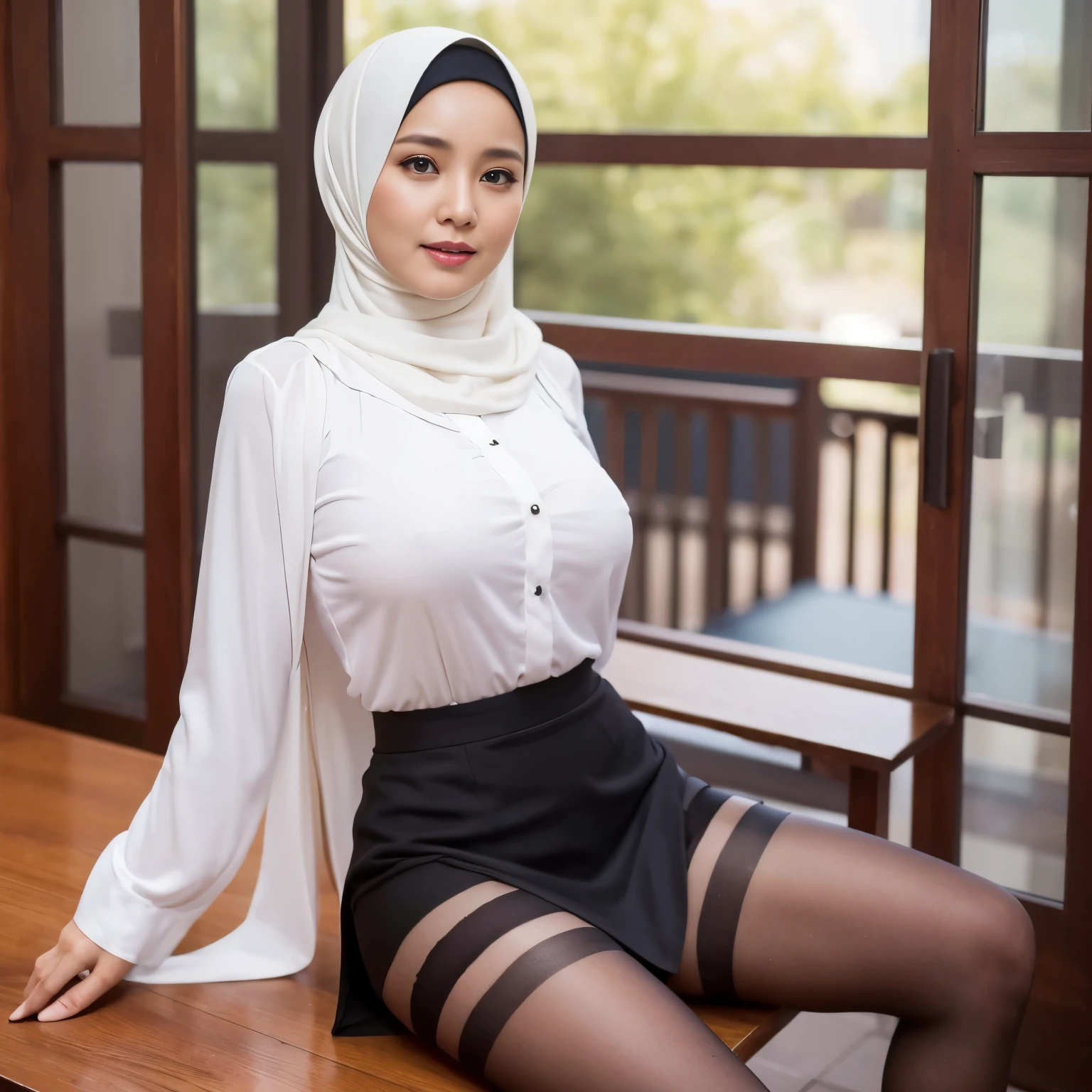 Hijab Indonesian woman, 1Beautiful mature woman, 49 years Old, announcer, Sitting, Showing panties inside her skirt, , pantyhose, Gigantic bust size :189.9, G Cup Bust, during the news program, cowboy shot