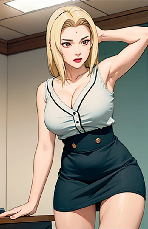 large tities), (), (), white shirt, Black tight skirt, full bodyesbian, Chopping, Good anatomy, tmasterpiece, Best quality at best, 4K, 8K, professional photoshooting, softlighting, Focus sharp, 1 girl, Blonde hair, be in class, Blonde hair, The bank that broke up, 详细的脸+Brown eyes, Open, lipsticks, closeup view, white board,