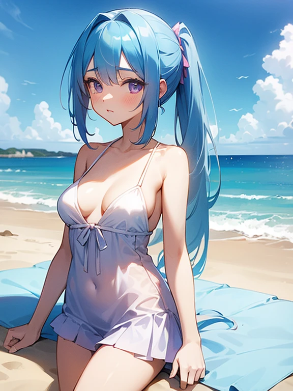 anime girl with light blue hair, Hair in a delicate blue tone, long hair, purple eyes, pony tail hair, revealing swim dress, medium breats, mature factions, very aesthetic detail anime background japanese beach midday sun