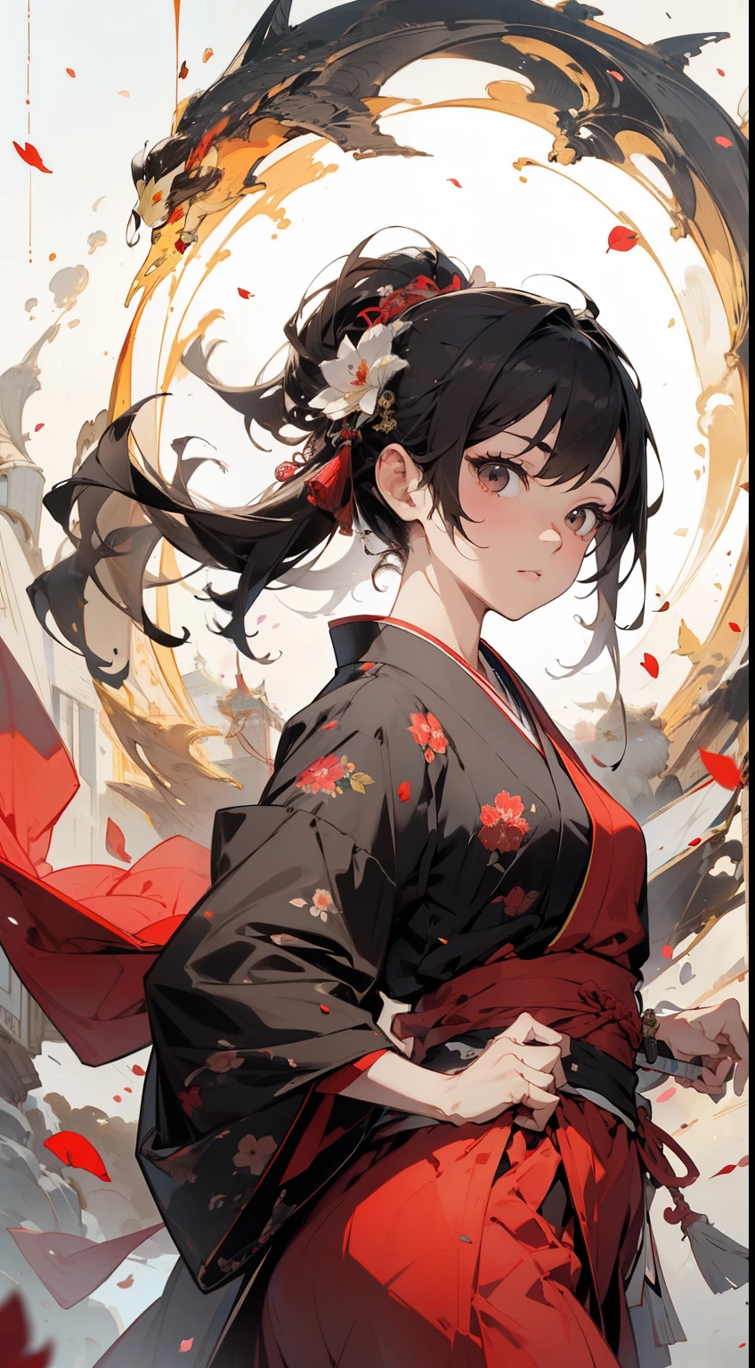 Obra maestra, Super High Resolution, Calidad de imagen perfecta, estilo de tinta, chica caballerosa, red japanese costume, sosteniendo una espada japonesa, danza, Cerezos en flor cayendo, petals flying, campanillas de plata tintineando, fascinante.