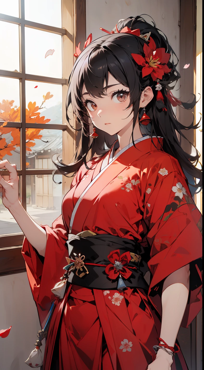 Obra maestra, Super High Resolution, Calidad de imagen perfecta, estilo de tinta, chica caballerosa, red japanese costume, sosteniendo una espada japonesa, danza, Cerezos en flor cayendo, petals flying, campanillas de plata tintineando, fascinante.