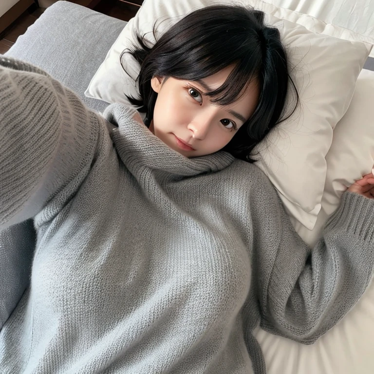 one woman,dimgray sweater with open chest,lying down,cute face,drooping eyes,embarrassed,bob hair,black hair,from above,on the bed,photorealistic,Japanese,Taking a selfie,Third-party perspective,The chest is visible