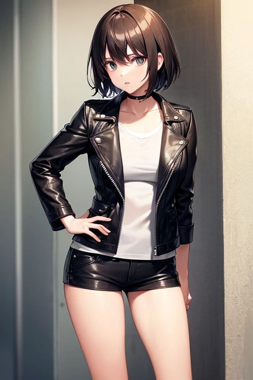 Cool girl, short hair, wear leather jacket