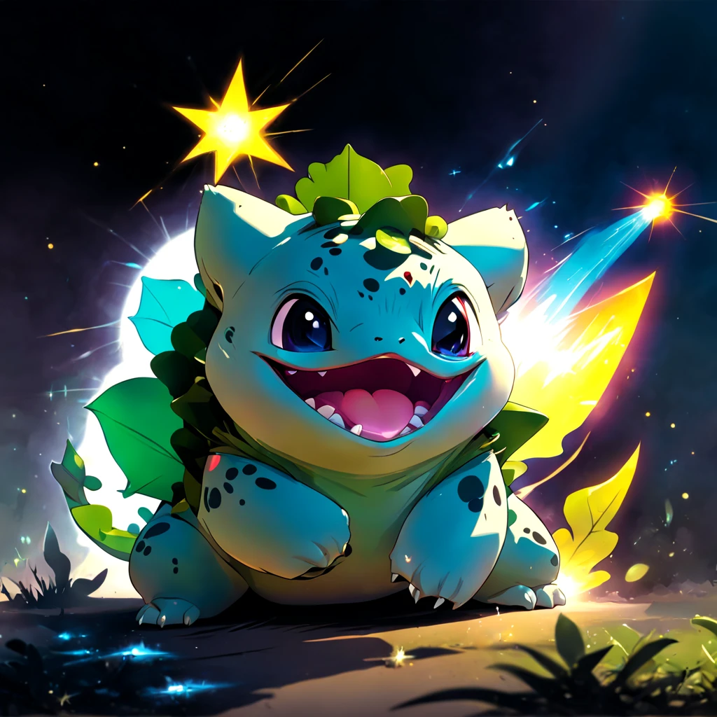 Bulbasaur with solar beam shooting out from mouth, ink punk