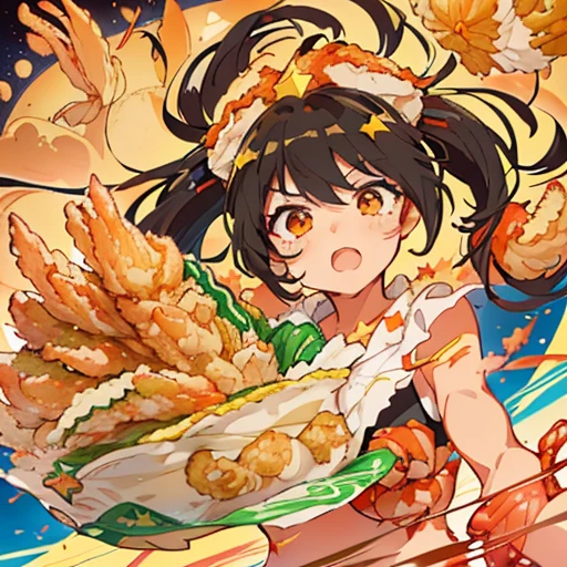 A girl with twintails flies to serve Osoba.、Amazing dynamism、Amazing Angle、Yuzu sandstorm with overwhelming buoyancy、((((surround in a star shape'vegetable tempura))))((((A lot of shrimp tempura strips floating and chasing each other..))))