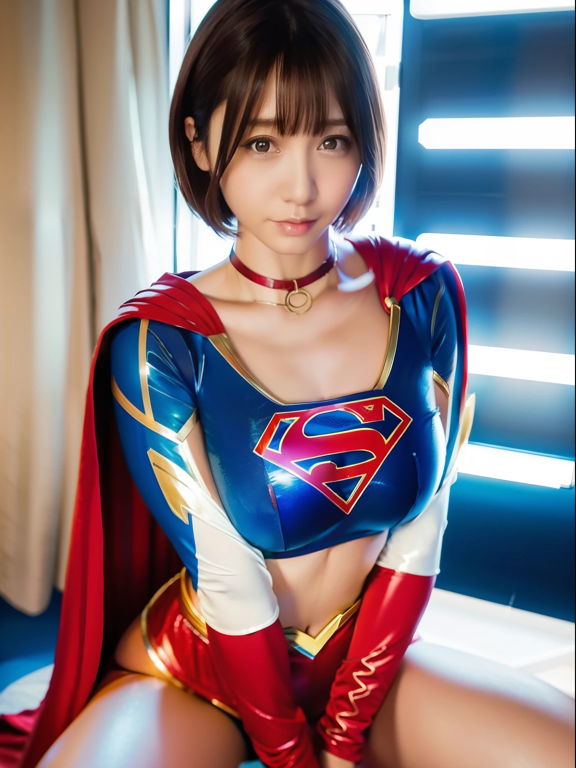 ​masterpiece,Supergirl Costume, short-hair, bare-legged, large full breasts,surgery room、Operating table、straddle、depraved、shiny、Looking at the camera、seduces、estrus、Cowgirl、Trance、Fayue、enjoyment、a choker、long-sleeve